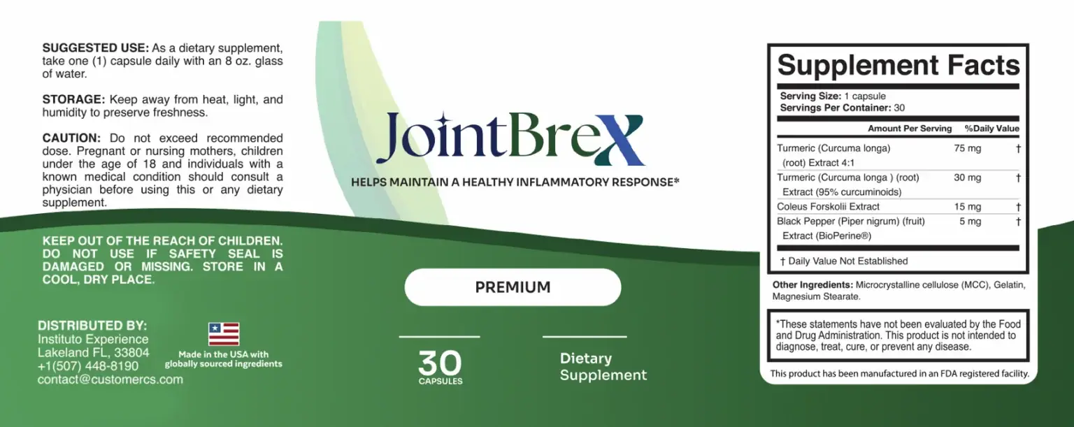 JointBrex product label showing the Supplement Facts panel